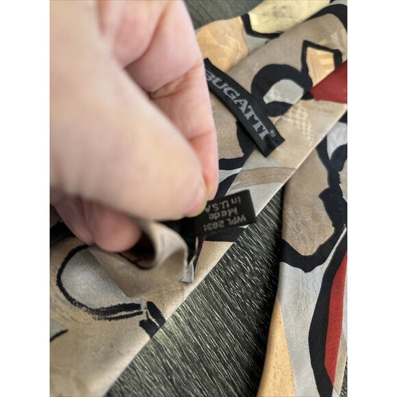 Bugatti Vintage Silk Men Neck Tie Abstract Made In USA Lined Taupe Rust - Picture 8 of 9